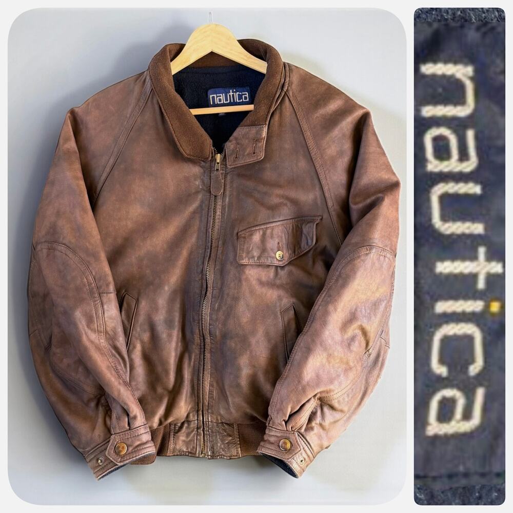 Vintage 90s Nautica Brown Leather Bomber Jacket Oversized Large 42 Wool Lined